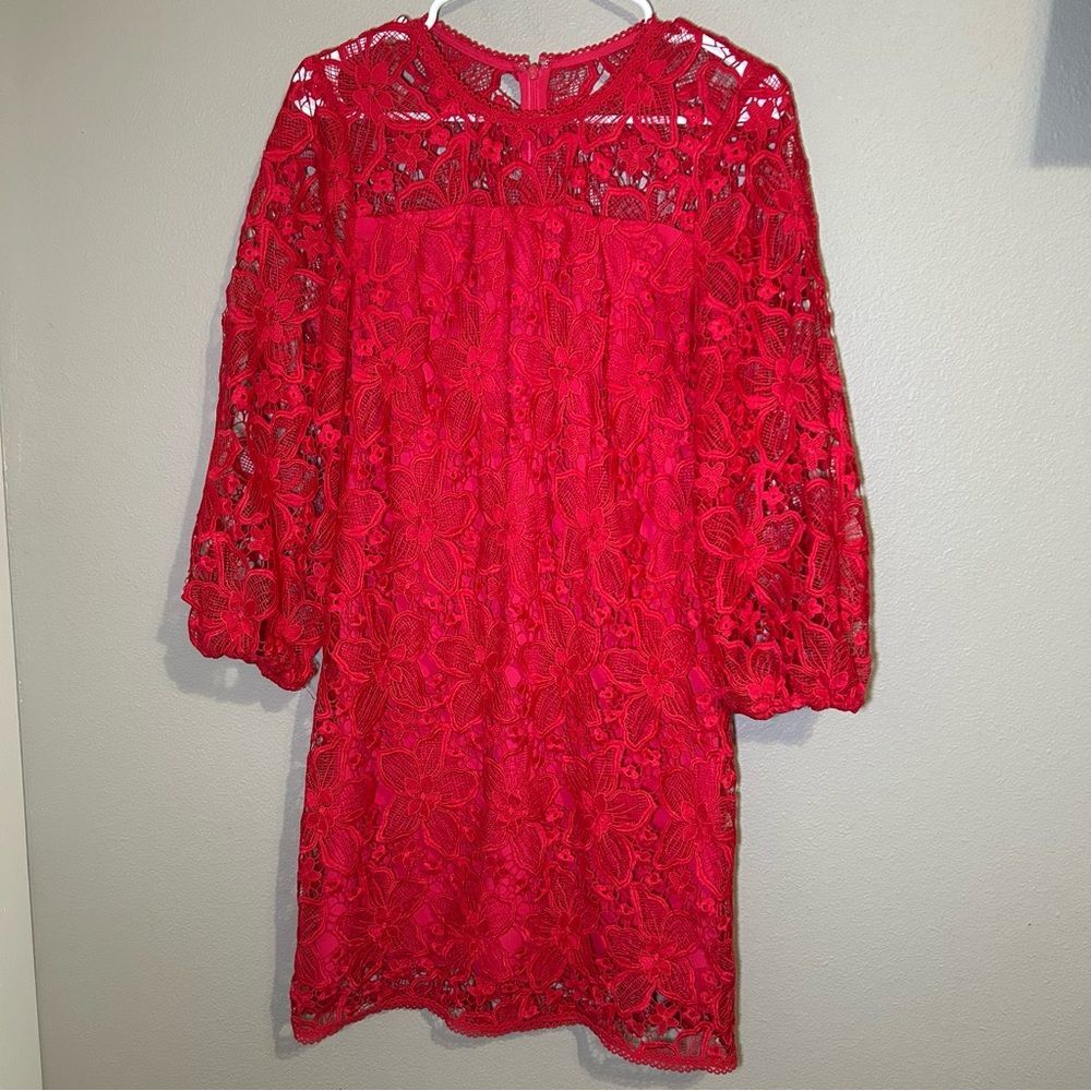 Shoshanna Red Floral Lace 3/4 Balloon Sleeve Cocktail Dress Women’s Size Small 4